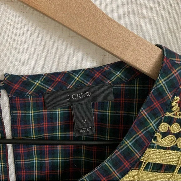 J. Crew Holiday Tartan Plaid Embroidered Gold Popover Peasant Blouse Medium - Picture 5 of 7